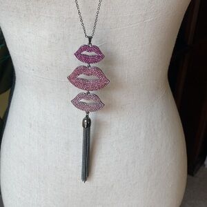 Fun, flirty, sparkly tower of lips, long necklace